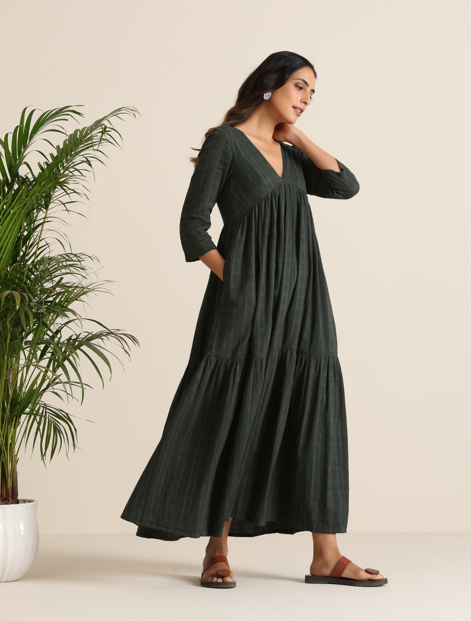 trueBrowns Charcoal Cotton Dobby Tiered Dress - Swadesiicart