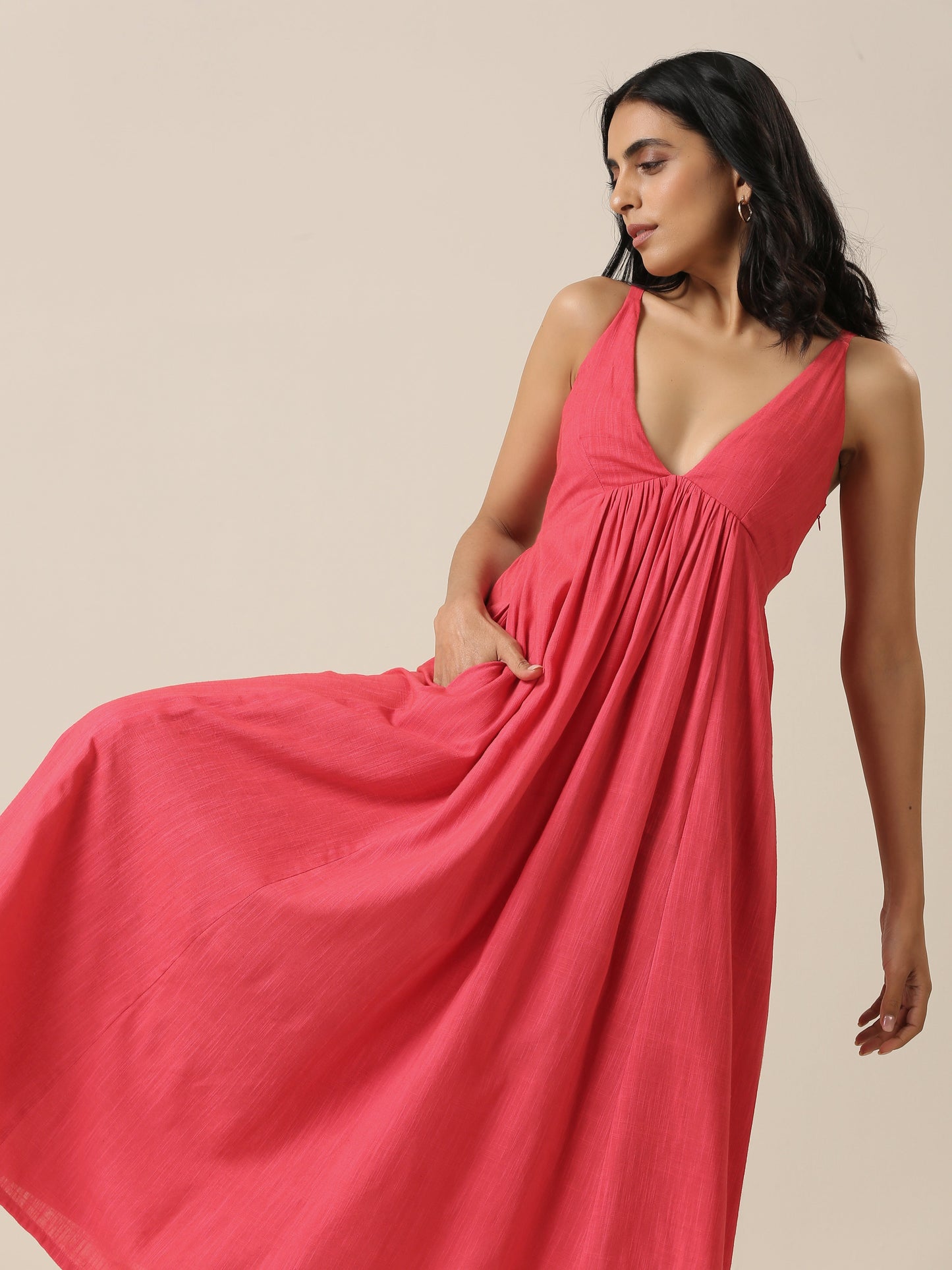 trueBrowns Bright Pink Slub Texture Sleeveless Dress | Swadesiicart