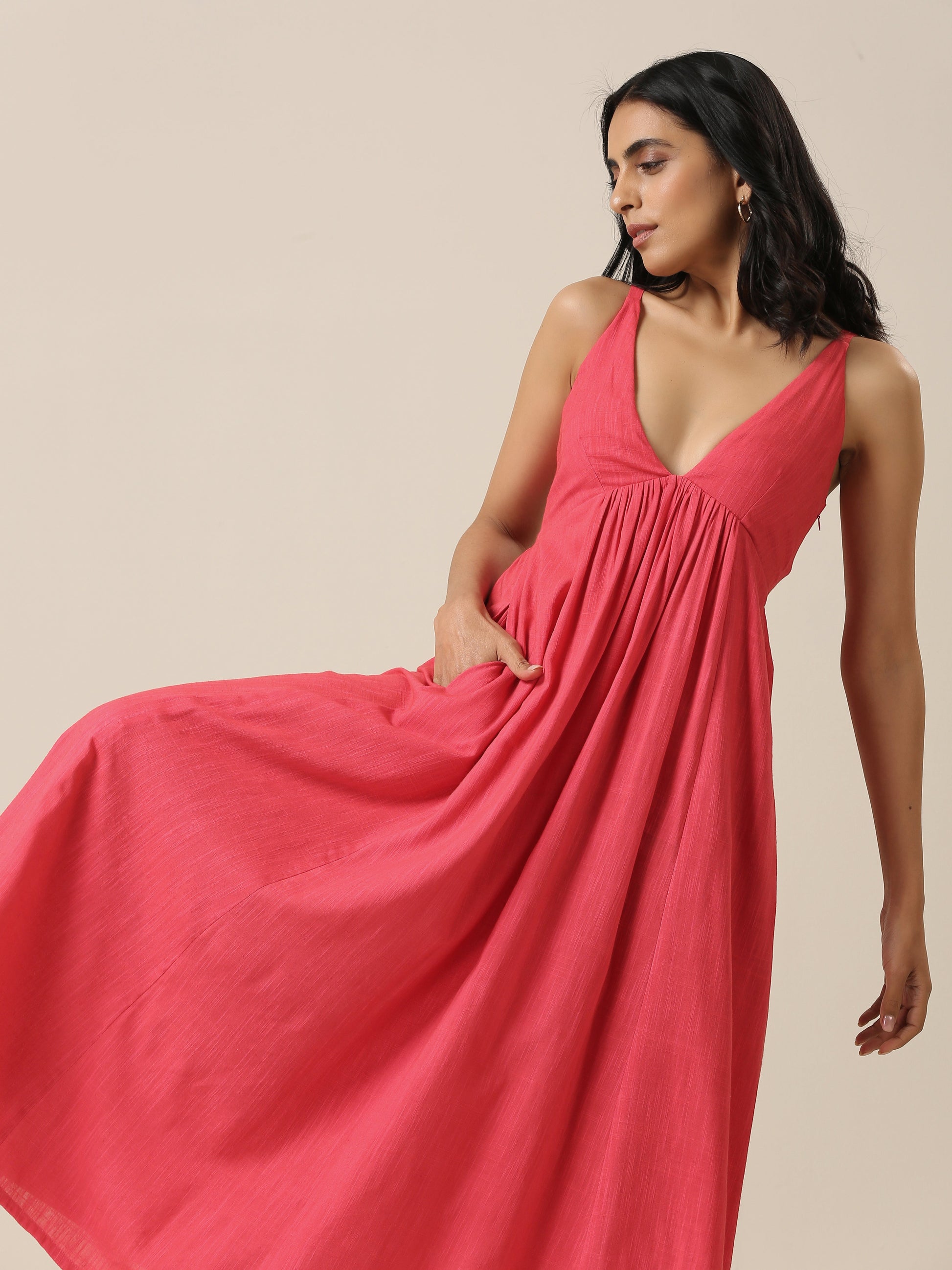 trueBrowns Bright Pink Slub Texture Sleeveless Dress | Swadesiicart
