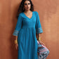 trueBrowns Blue Cotton Flared Anarkali Kurta Set | Swadesiicart