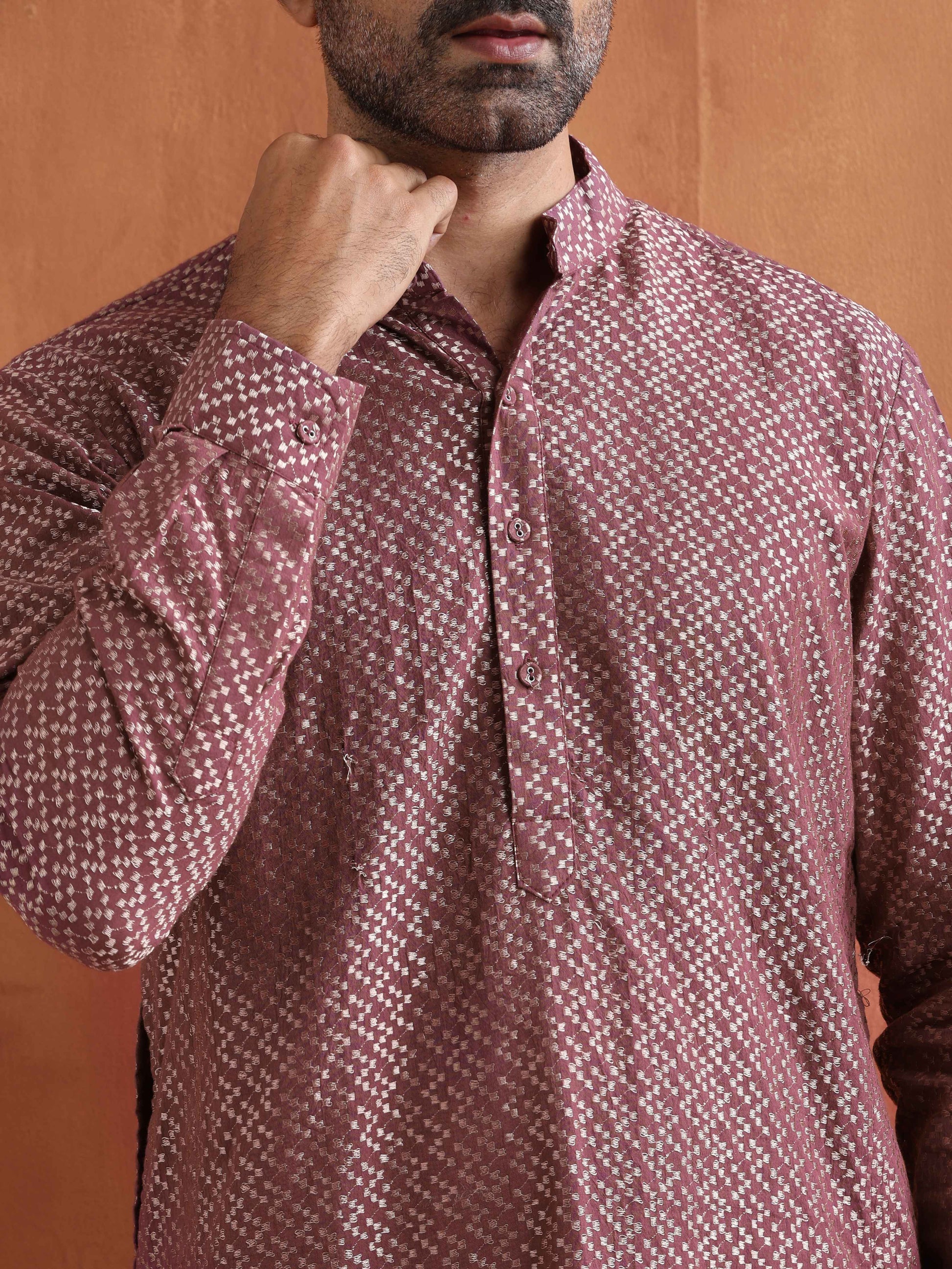 trueBrowns Men's Purple Cotton Dobby Kurta | Swadesiicart