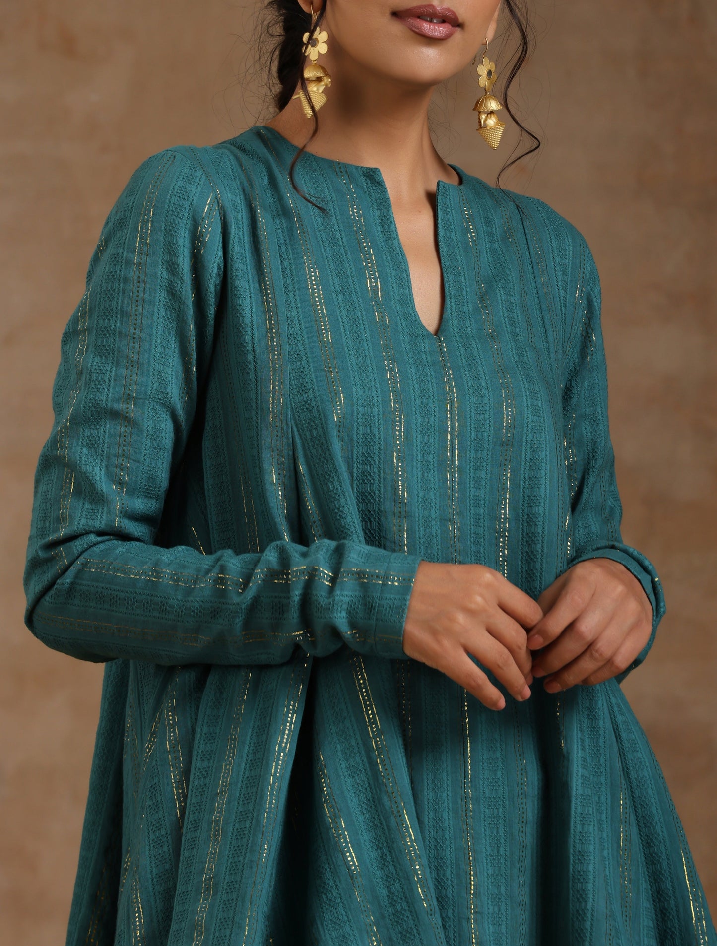 trueBrowns Deep Sea Gold Cotton Flared Co-Ord Set - Swadesiicart