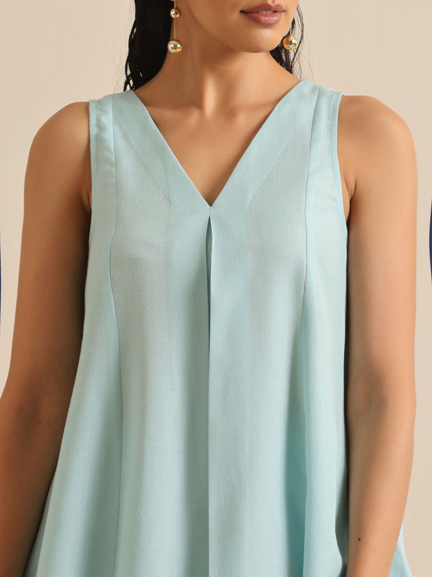 trueBrowns Sky Blue Slub Sleeveless Flared Kurta Pant Set | Swadesiicart