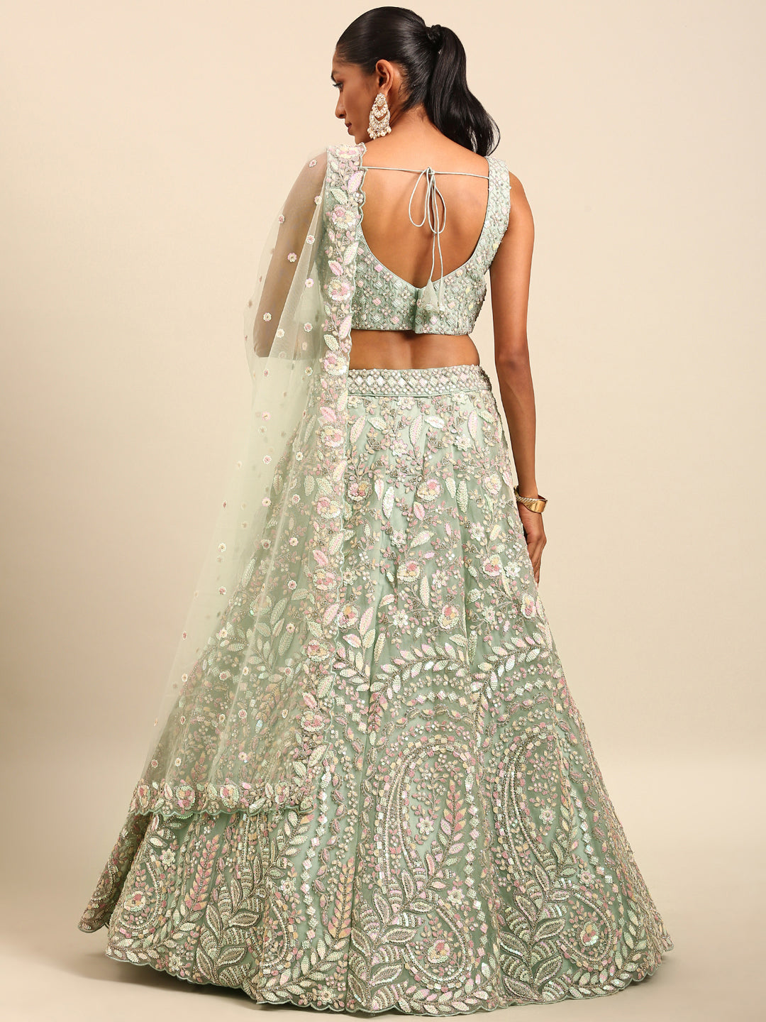 House of Panchhi Sea green Net Multi Sequins with heavy Zarkan embroidery Lehenga choli & Dupatta | Swadesiicart
