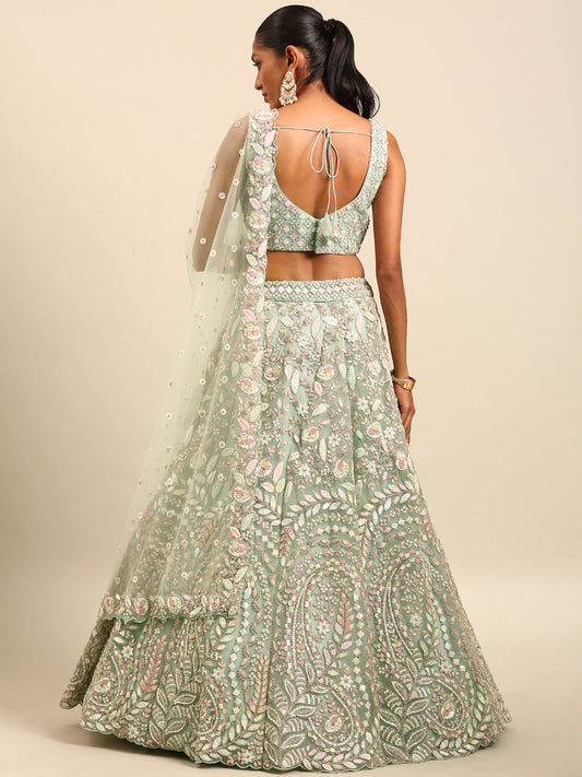House of Panchhi Sea green Net Multi Sequins with heavy Zarkan embroidery Lehenga choli & Dupatta | Swadesiicart