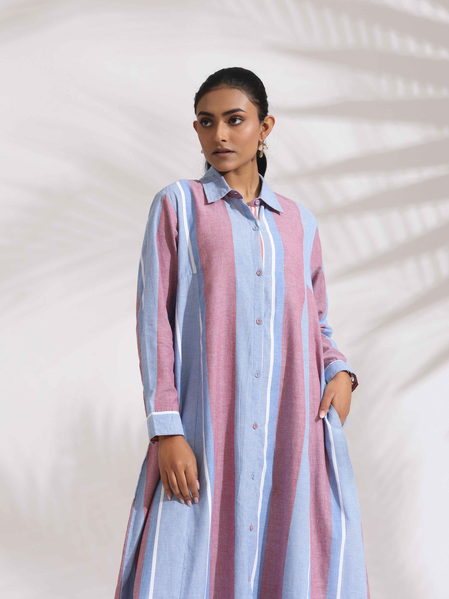 trueBrowns Blue Cotton Stripe Flared Shirt Dress | Swadesiicart