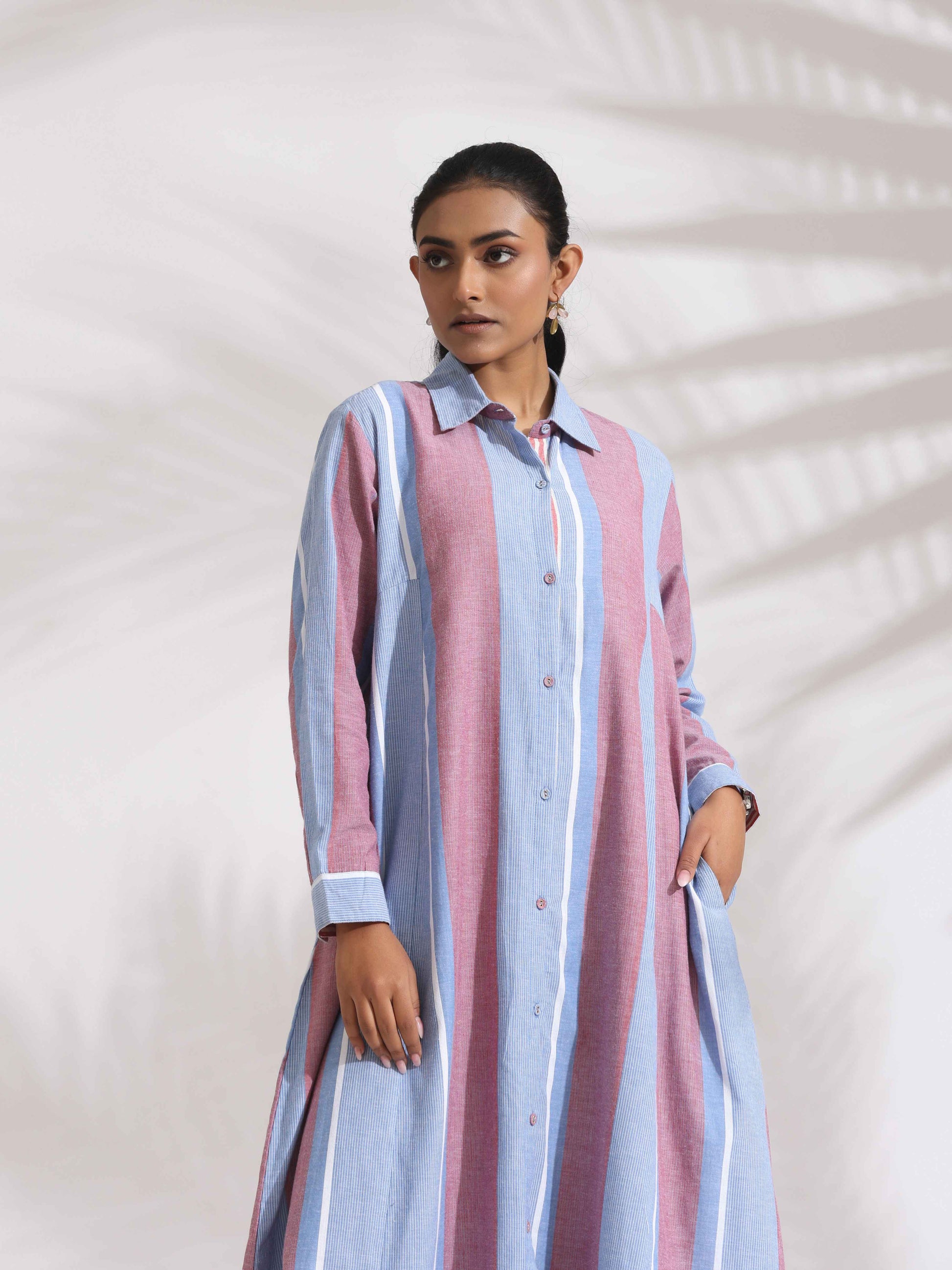 trueBrowns Blue Cotton Stripe Flared Shirt Dress | Swadesiicart