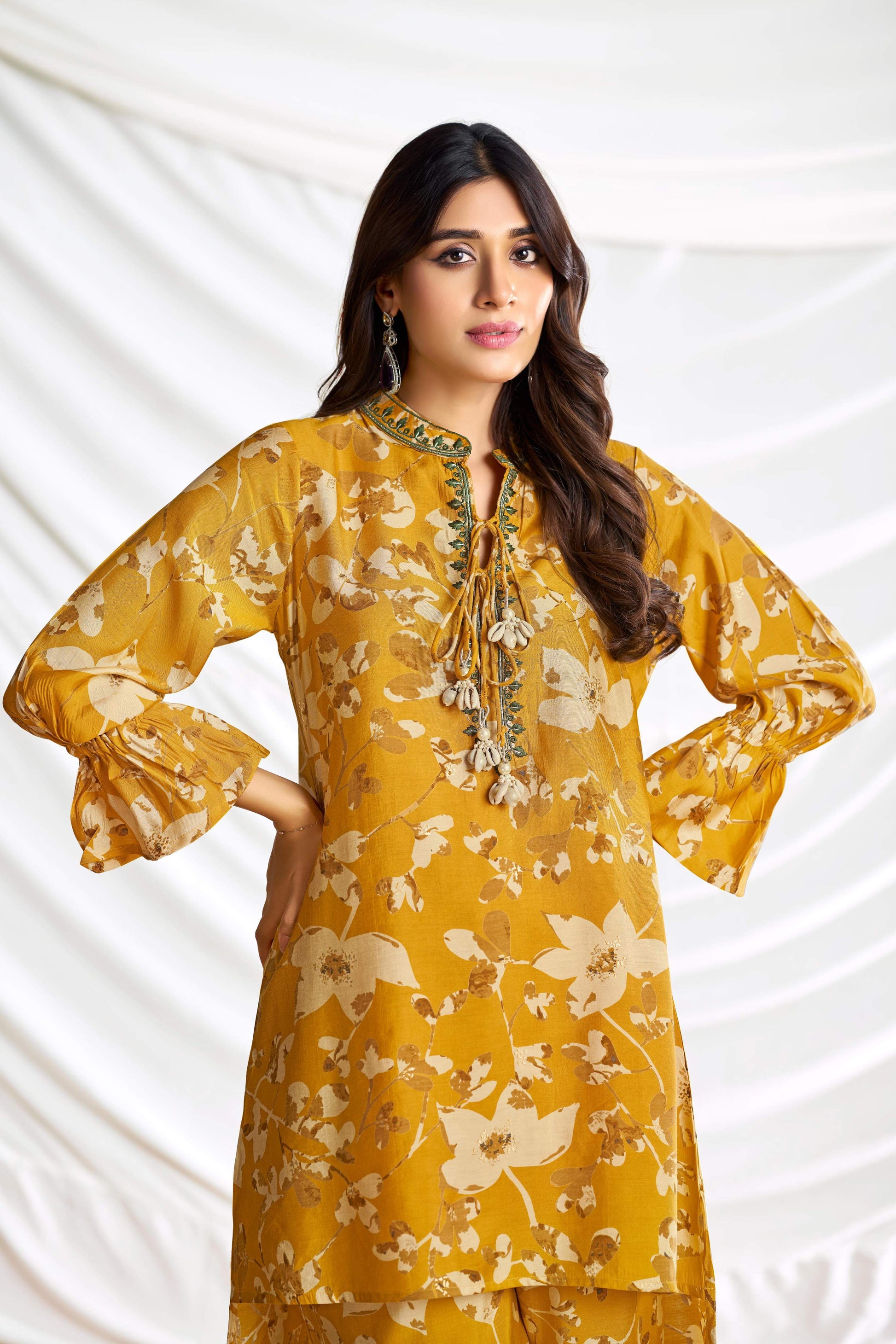 BulBul Preha Mustard Chanderi Co-Ord Set - Swadesiicart