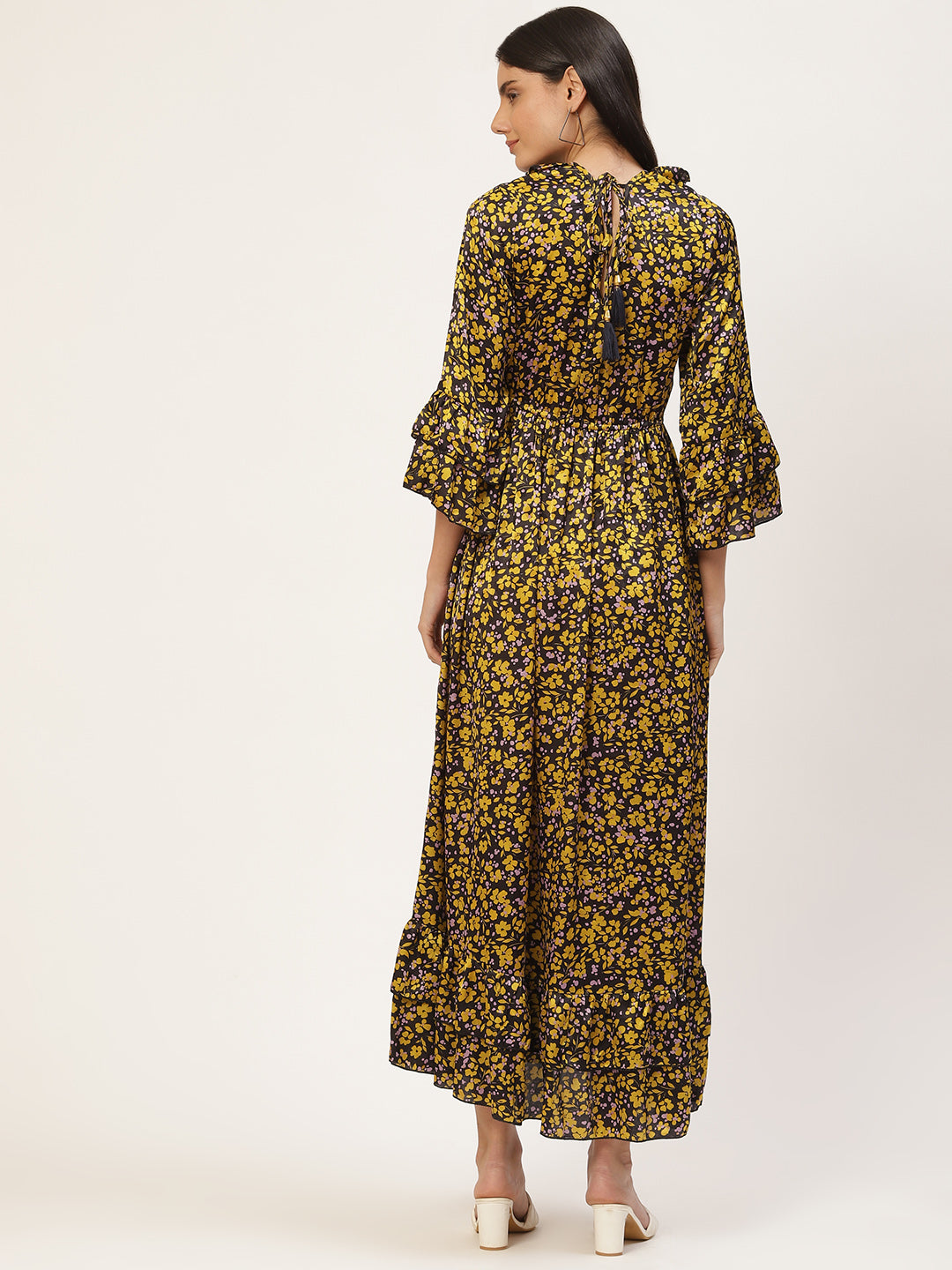 InWeave Women's Mustard Print Ruffled Dress - Swadesiicart