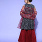 InWeave Women's Blue Printed Kurta Sharara Set With Burgundy Organza Dupatta - Swadesiicart