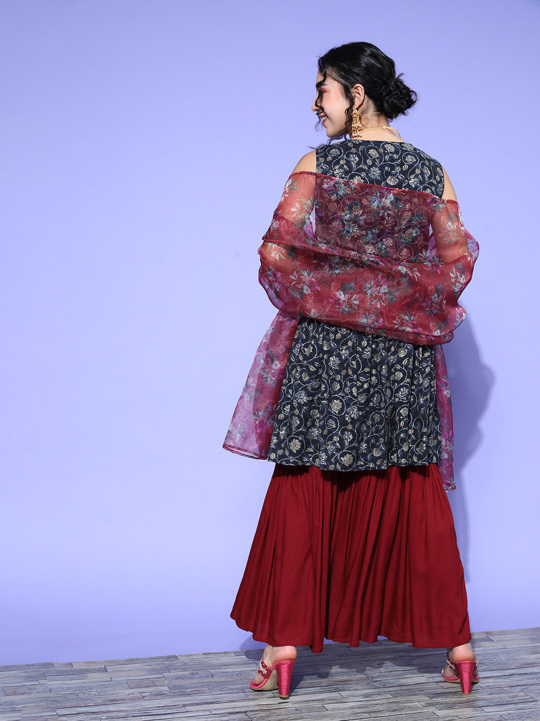 InWeave Women's Blue Printed Kurta Sharara Set With Burgundy Organza Dupatta - Swadesiicart