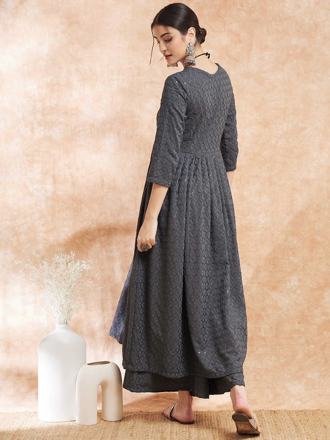 InWeave Women's Grey Chikankari Long Anarkali Kurta Sharara Set - Swadesiicart