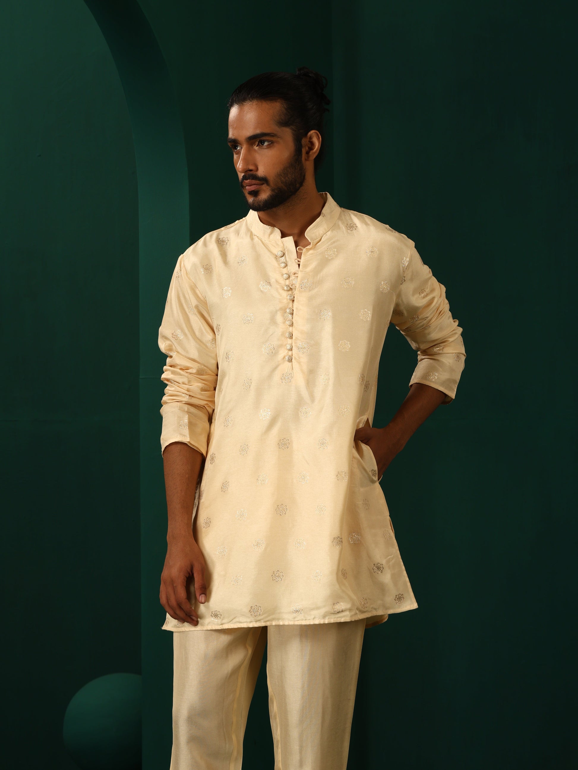 trueBrowns Men's Ivory Geometric Floral Viscose Silk Co-ord Set - Swadesiicart