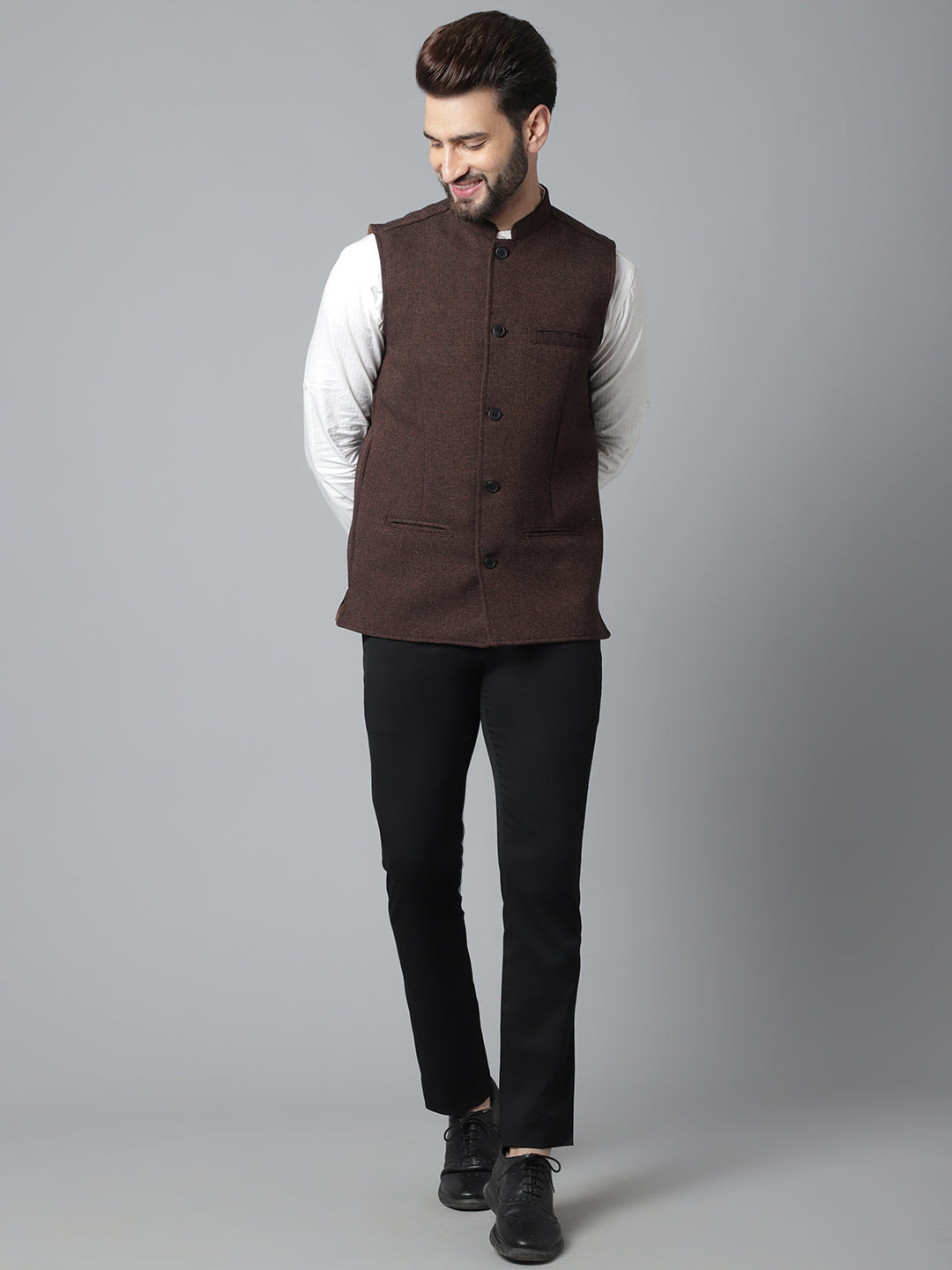 Even Apparels Men's Brown Nehru Jacket With Welt Pockets | Swadesiicart
