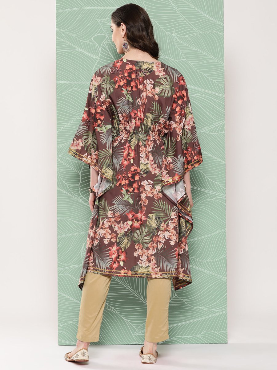 Ahalyaa Women Floral Printed Flared Sleeves Gotta Patti Crepe Kaftan Kurta | Swadesiicart
