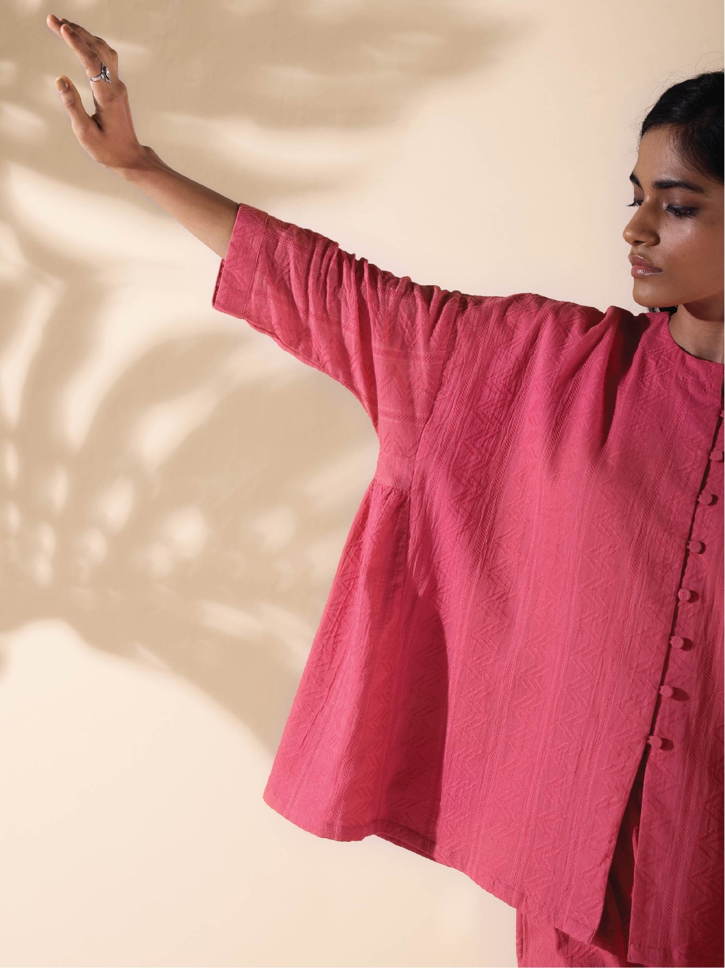 trueBrowns Pink Cotton Dobby Oversized Co-ord Set - Swadesiicart