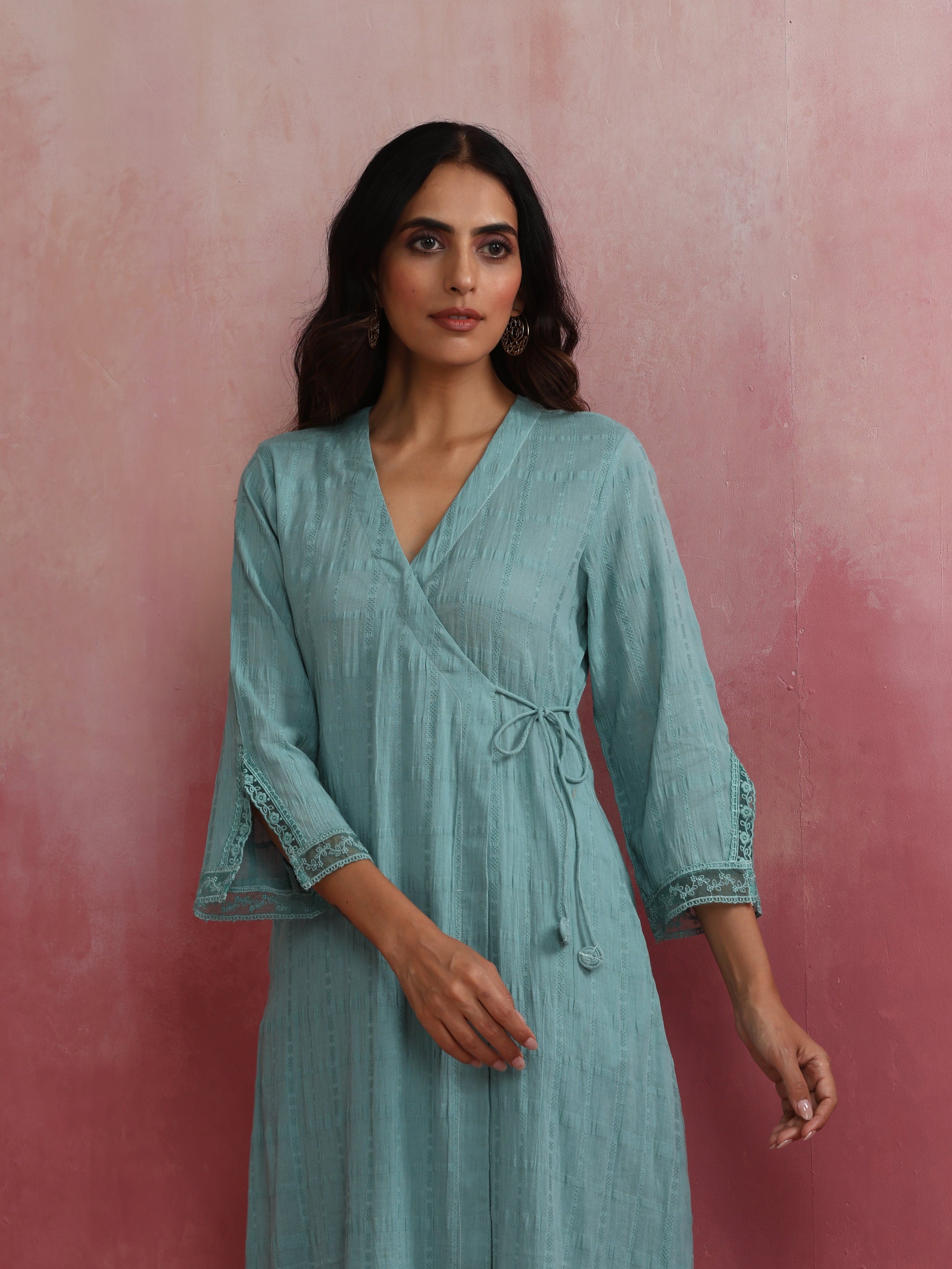 trueBrowns Aqua Blue Cotton Dobby Angrakha Kurta Set | Swadesiicart