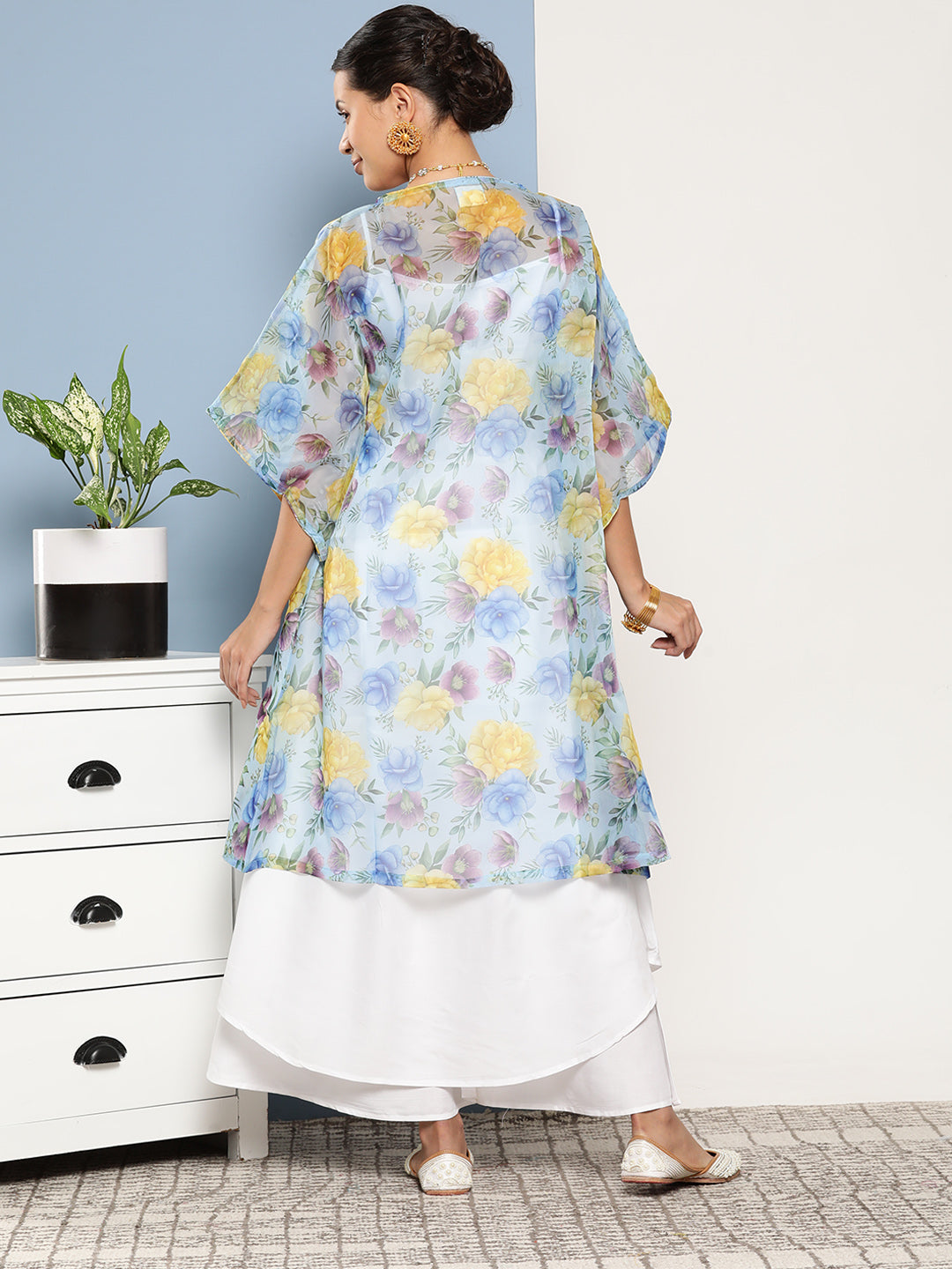 InWeave Women's Cream Strappy With Blue Floral Print Cape - Swadesiicart