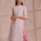 trueBrowns Pink Green Floral On White Block Print Cotton Slit Kurta Pant Set | Relove | Swadesiicart