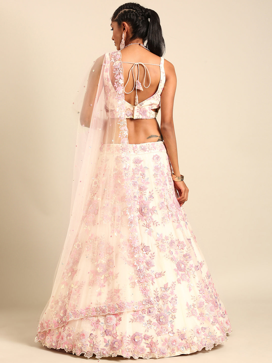 House of Panchhi Cream Net Sequins with heavy Zarkan embroidery Lehenga choli & Dupatta | Swadesiicart