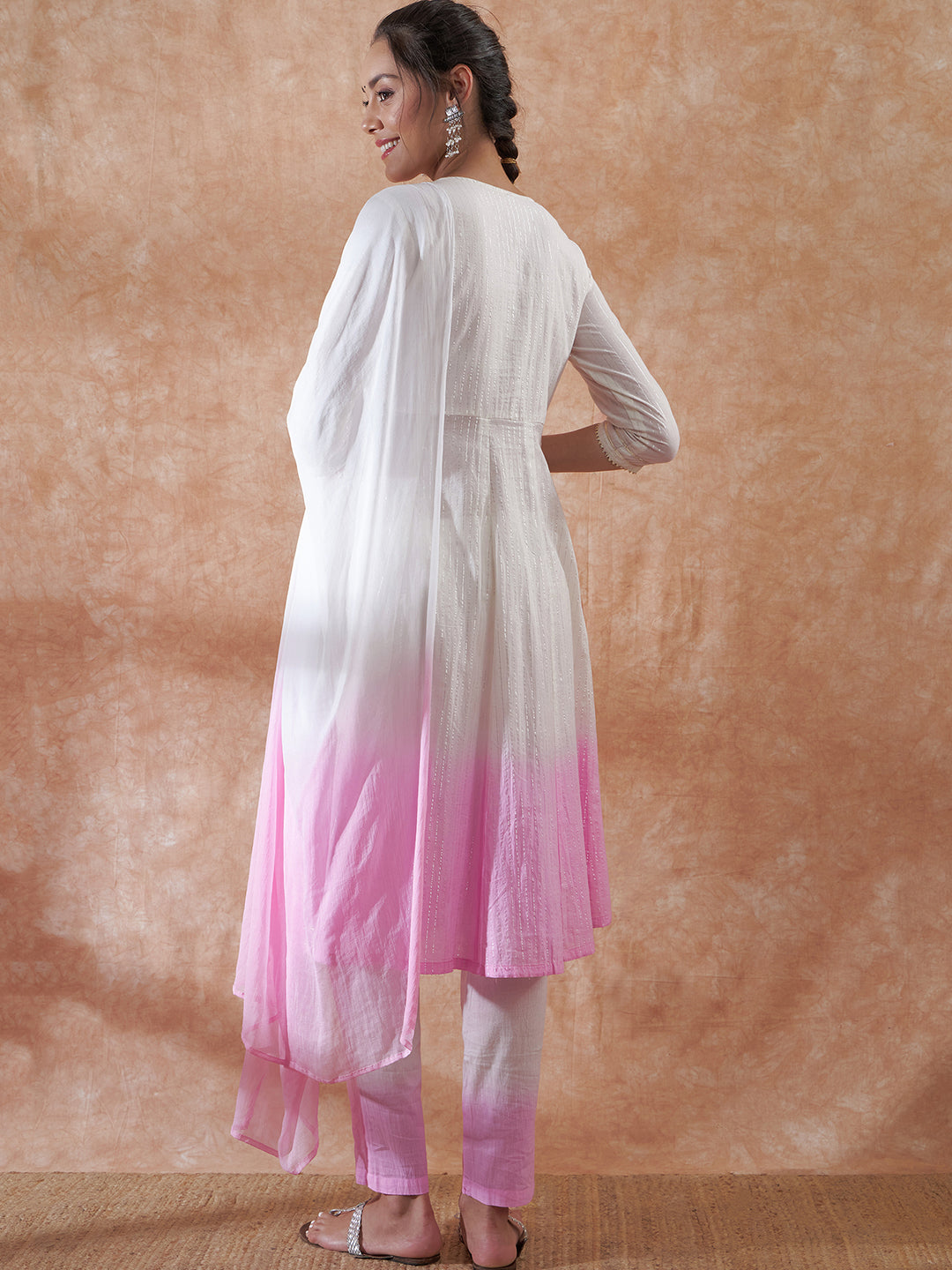 InWeave Women's White Lurex Pink Dye Patch Gota Anarkali Kurta Set W Dupatta - Swadesiicart