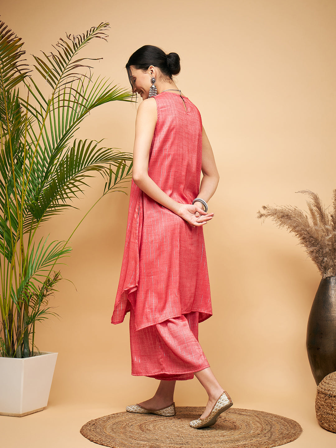 InWeave Women's Red Lurex Short Pallazo Kurta Set - Swadesiicart