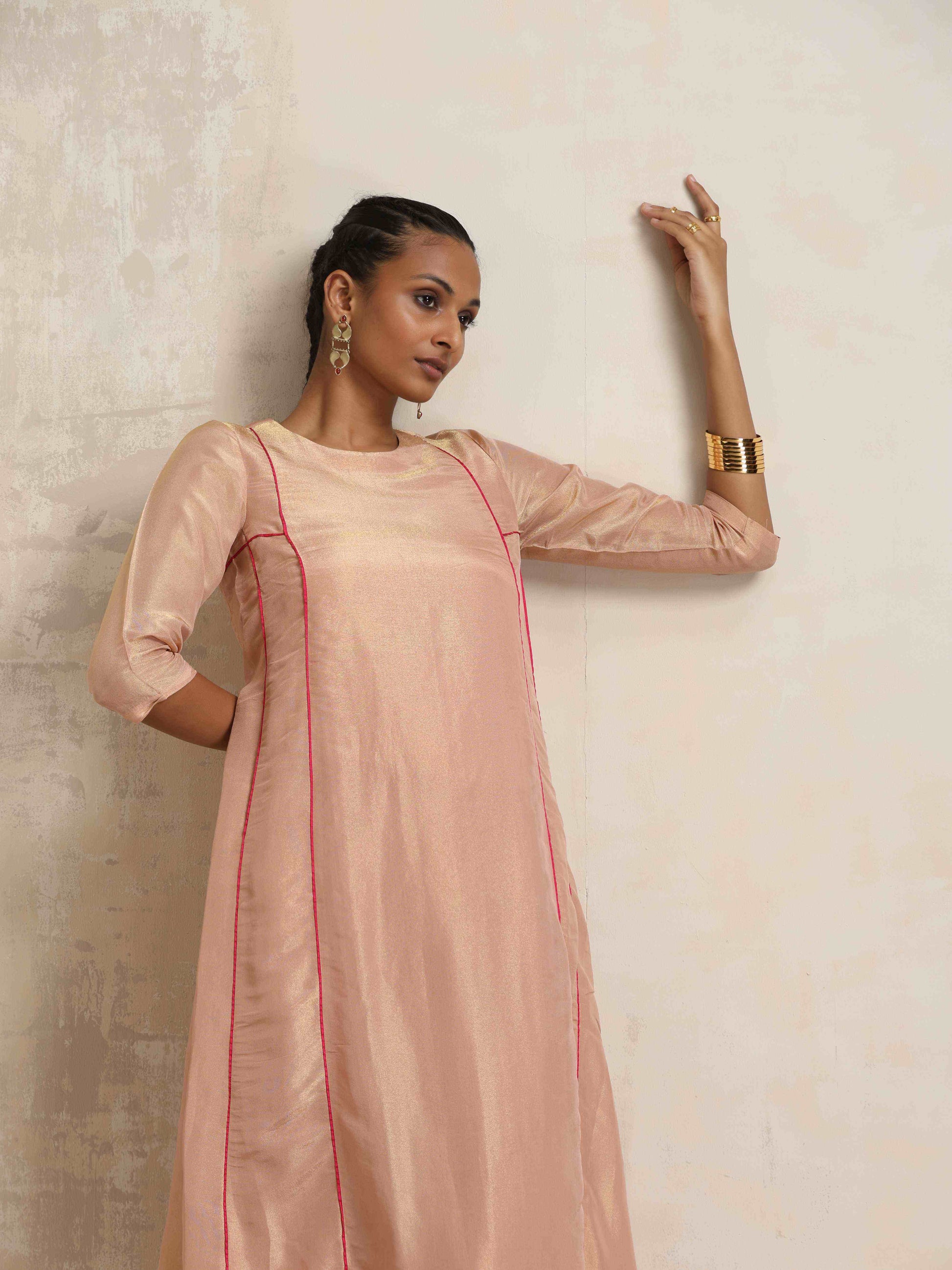 trueBrowns Blush Pink Tissue A-line Kurta Set | Swadesiicart