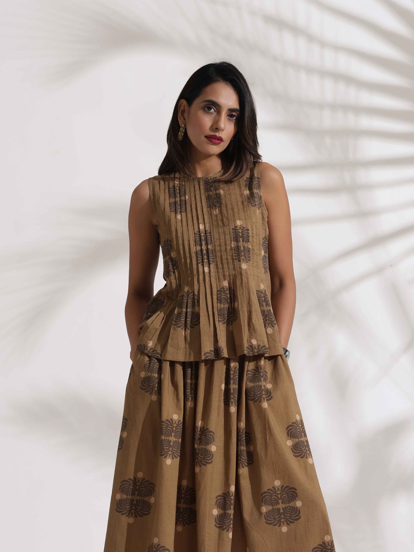 trueBrowns Beige Cotton Skirt Co-ord Set - Swadesiicart