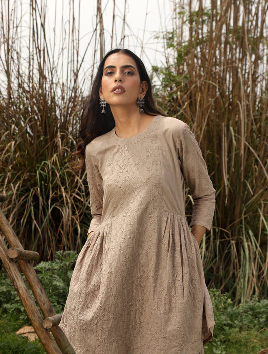 trueBrowns Khaki Cotton Embroidered Co-ord Set - Swadesiicart