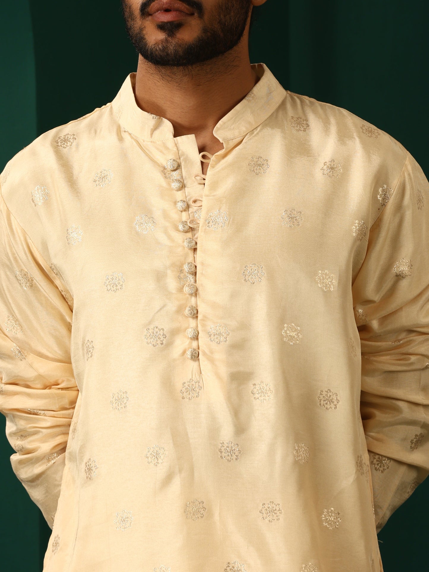 trueBrowns Men's Ivory Geometric Floral Viscose Silk Long Kurta | Swadesiicart