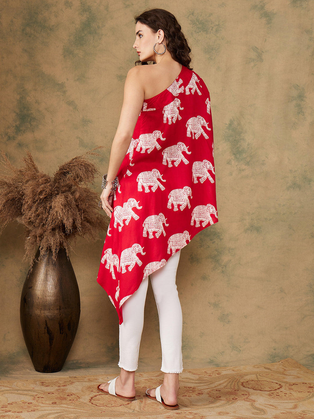 InWeave Women's Red Elephant Print Oneshoulder Top - Swadesiicart