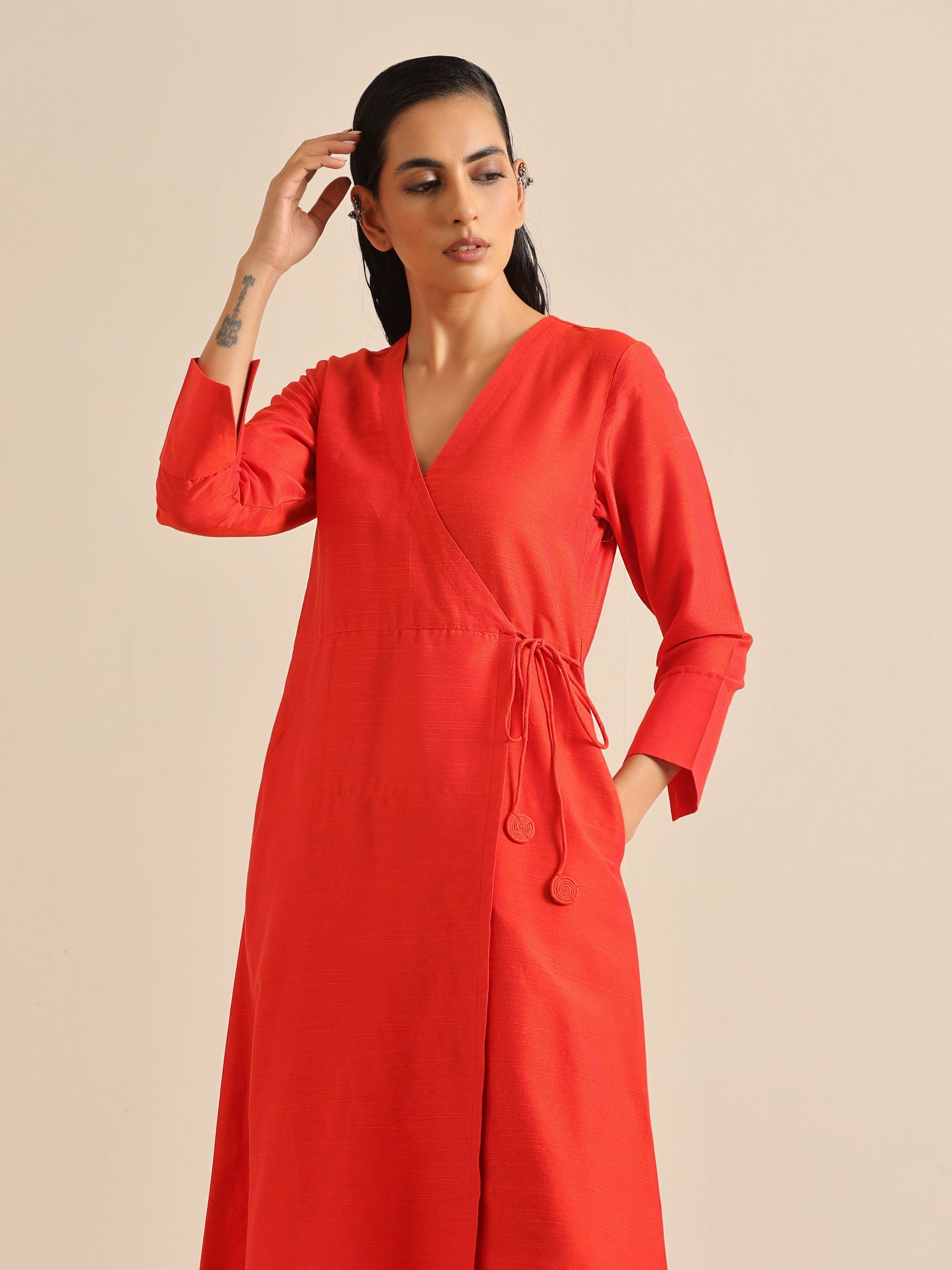 trueBrowns Orange Dupion Blend Angrakha Kurta Pant Set | Swadesiicart
