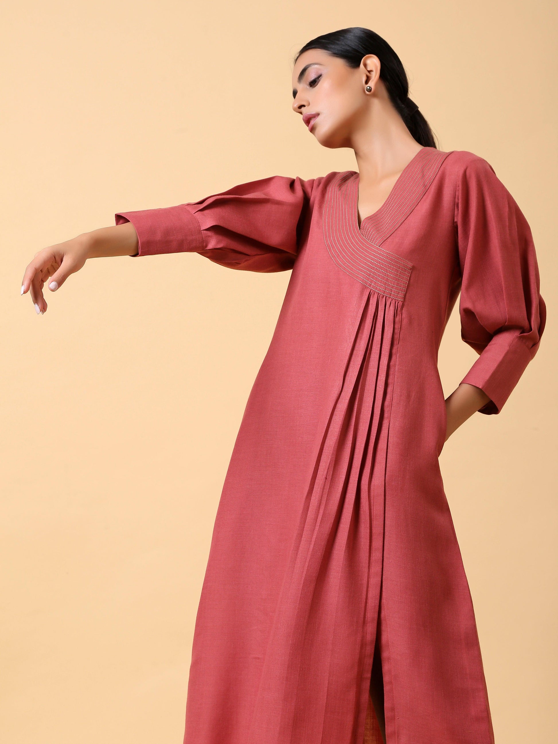 trueBrowns Cotton Linen Rust Red Kurta Pant Set | Swadesiicart