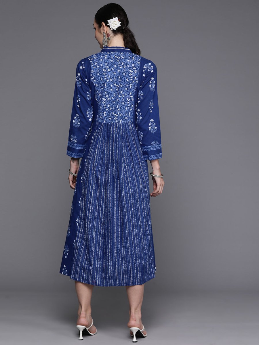 Ahalyaa Floral Print Midi Pure Cotton Ethnic Dress with Lace Inserts Detail | Swadesiicart