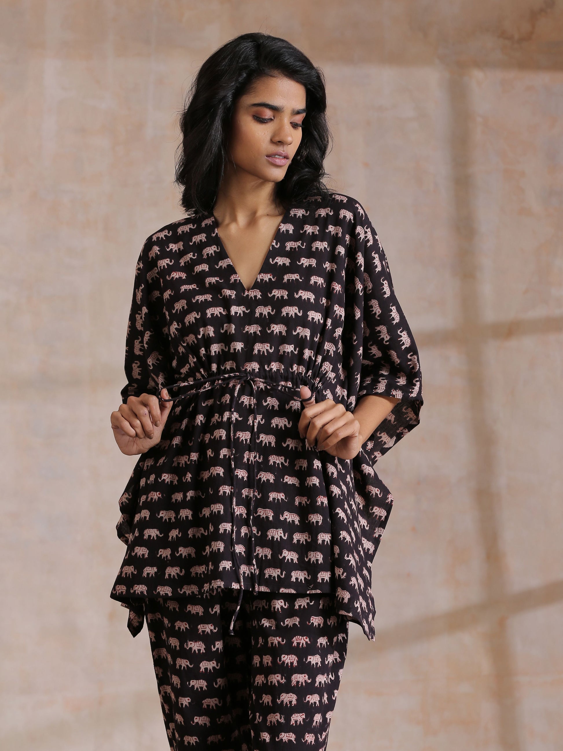 trueBrowns Black Elephant Bagru Print Cotton Kaftan Co-Ord Set - Swadesiicart