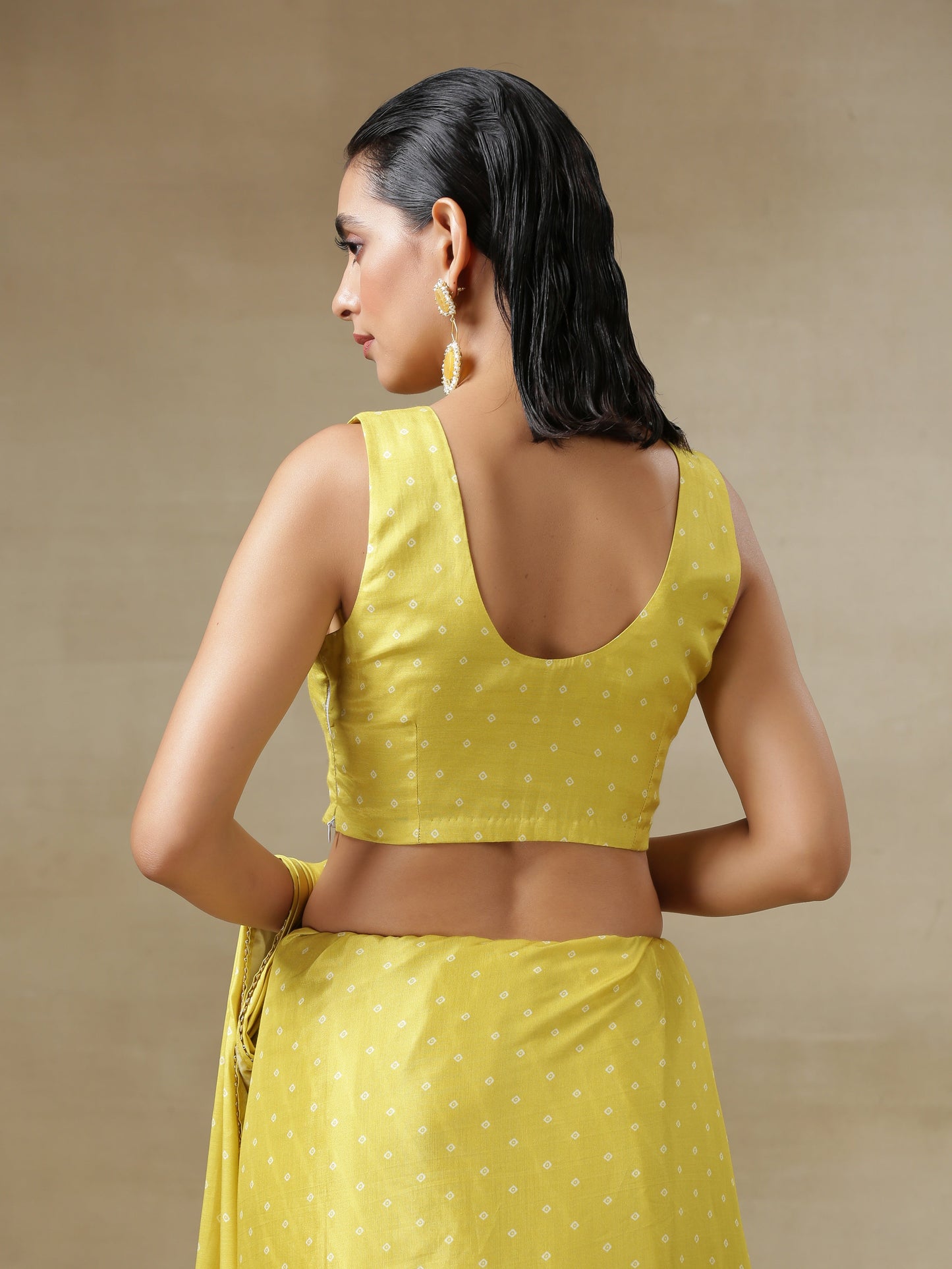 trueBrowns Lime Green Bandhani Printed Silk Sleeveless Blouse | Swadesiicart