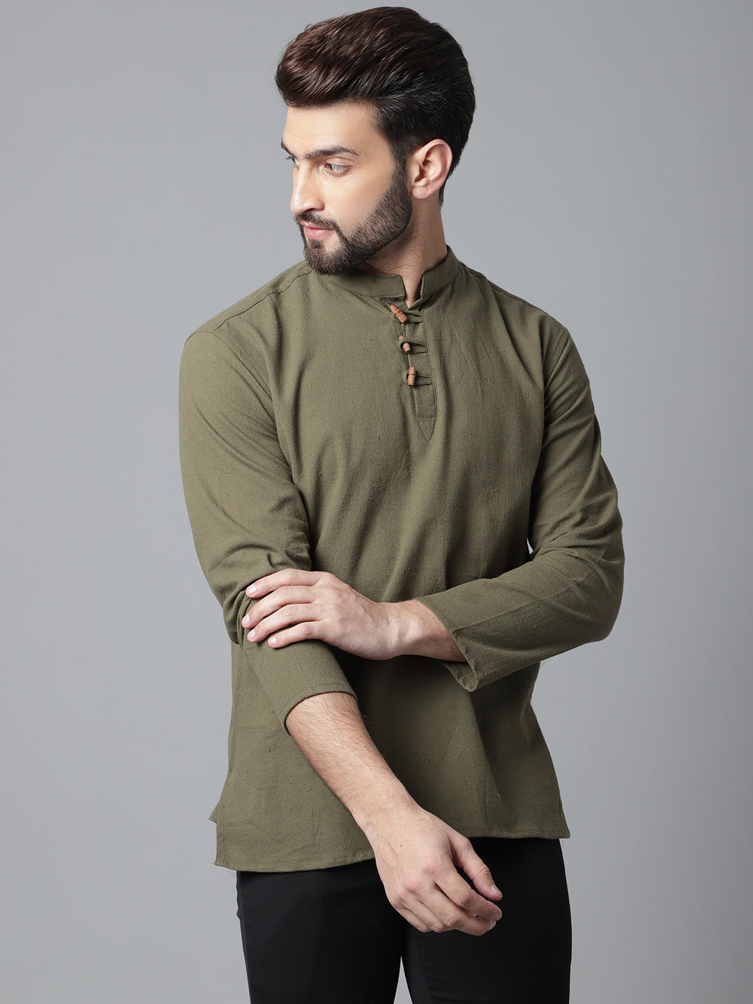 Indian Clothing Even Apparels Green Pure Cotton Kurta With Band Collar | Swadesiicart