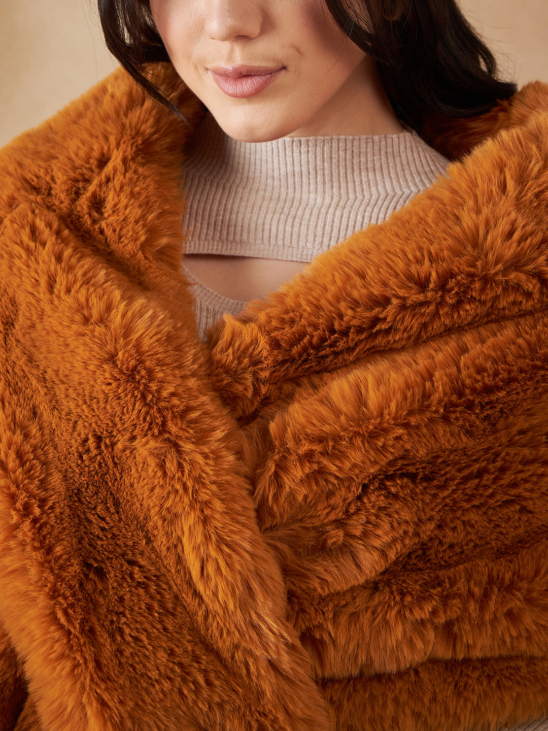 InWeave Women's Carrot Orange Long Faux Fur Cape - Swadesiicart