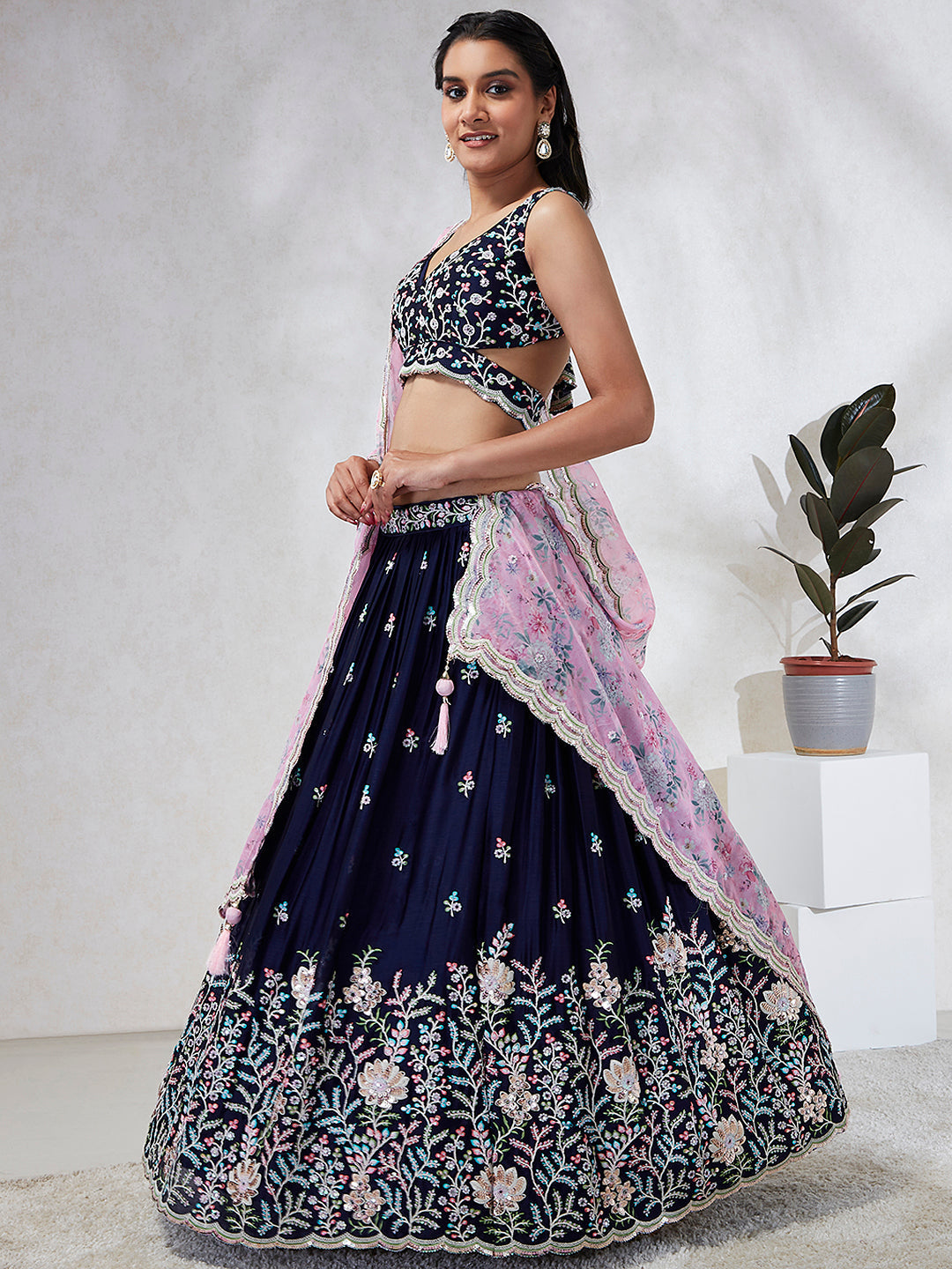 House of Panchhi Navy Blue Georgette Sequins, Mirror And Thread Embroidery Lehenga Choli & Dupatta | Swadesiicart