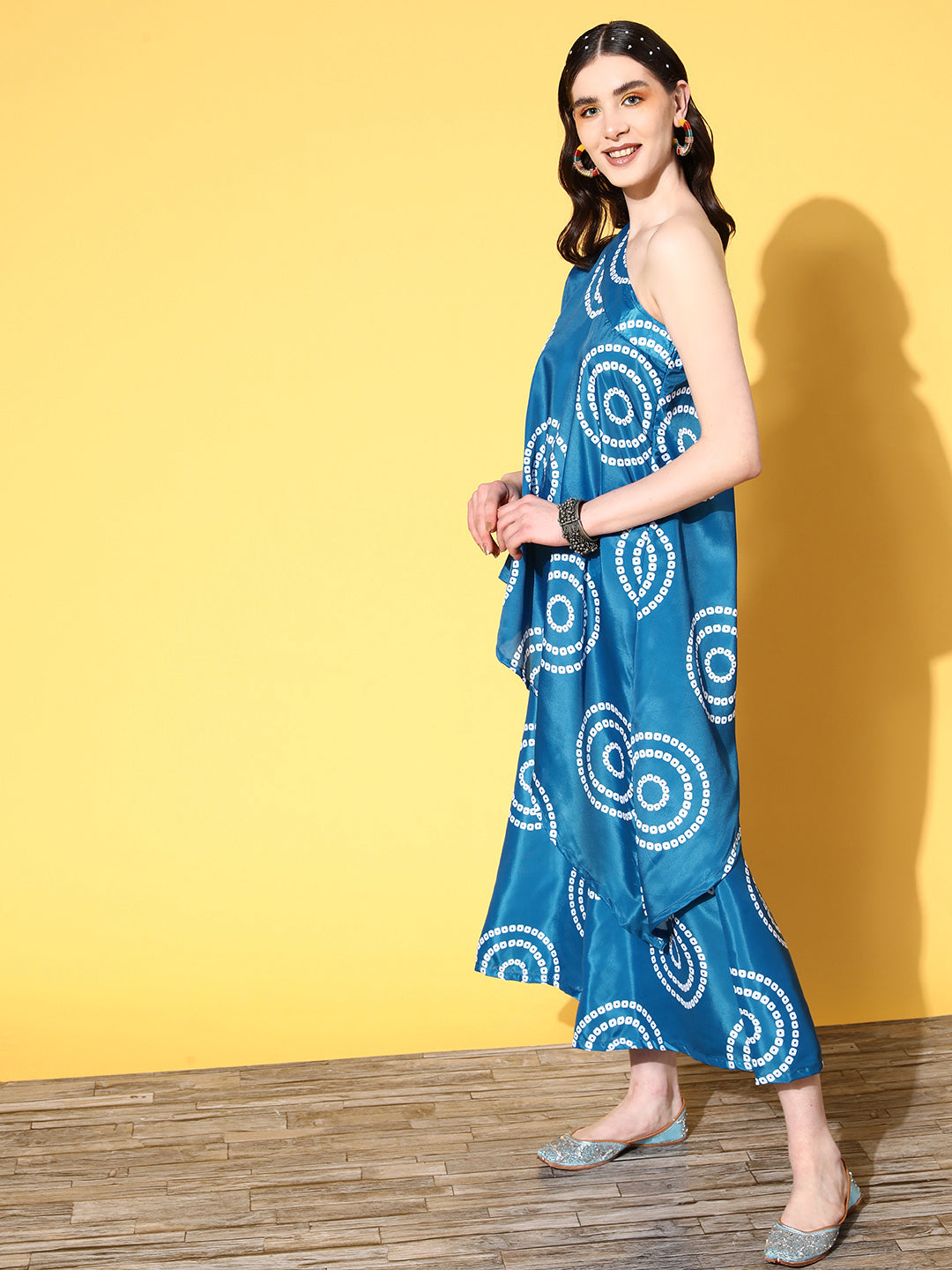 InWeave Women's Blue Bandhani Motif One Shoulder Palazzo Set - Swadesiicart