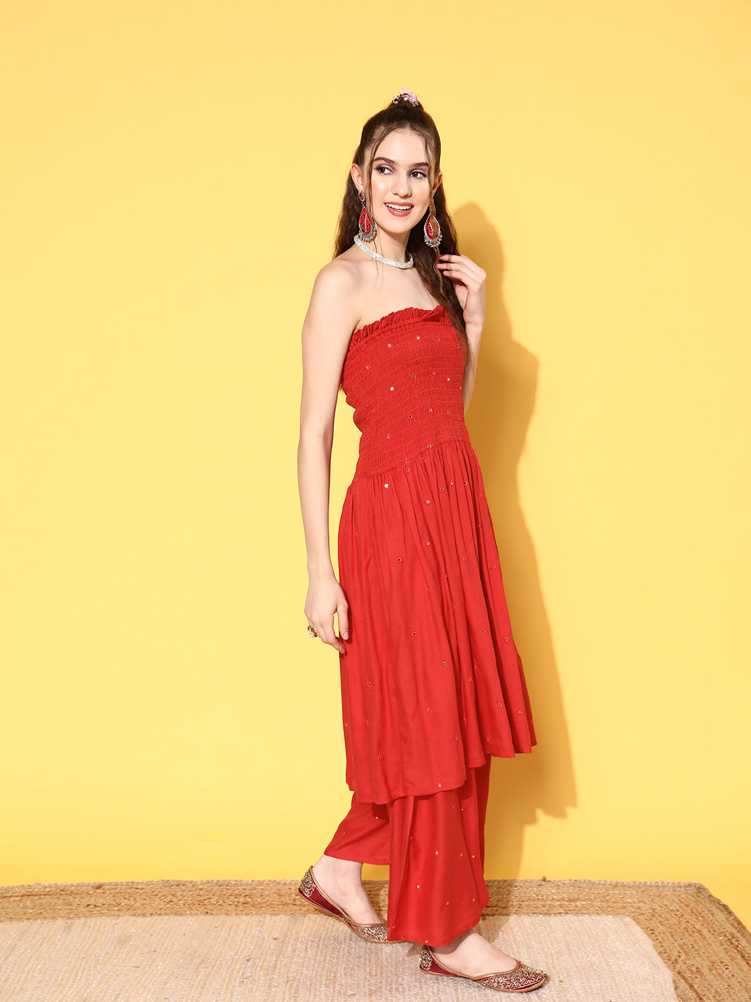 InWeave Women's Red Mirror Work Off Shoulder Kurta Set With Lehriya Dupatta - Swadesiicart