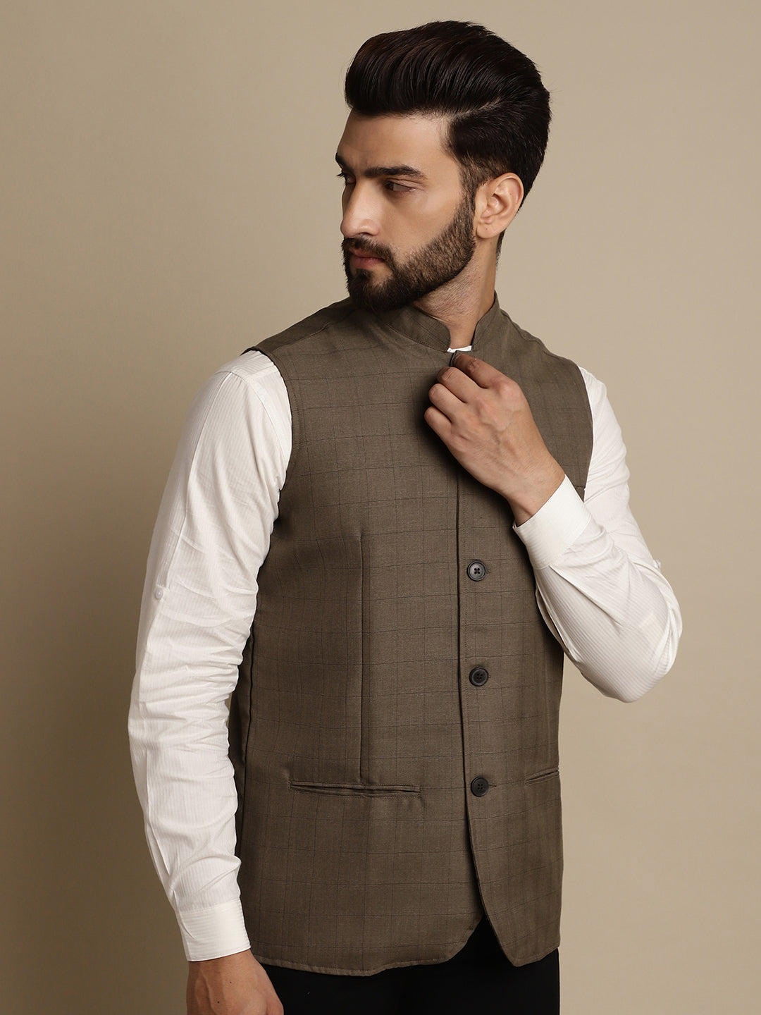 Even Apparels Men's Brown Mandarin Collar Waistcoat | Swadesiicart