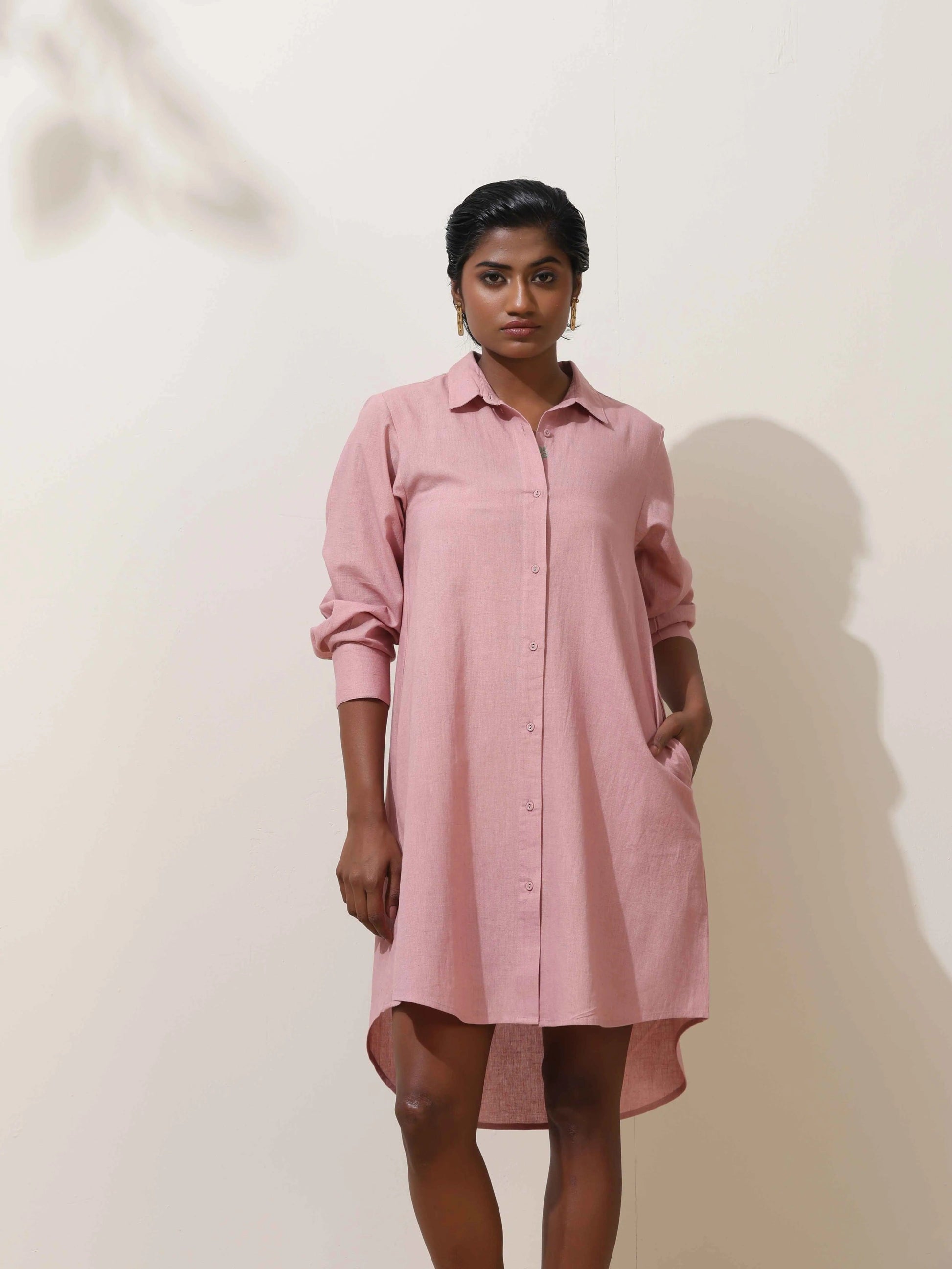 trueBrowns Pink Cotton Linen Dress | Swadesiicart