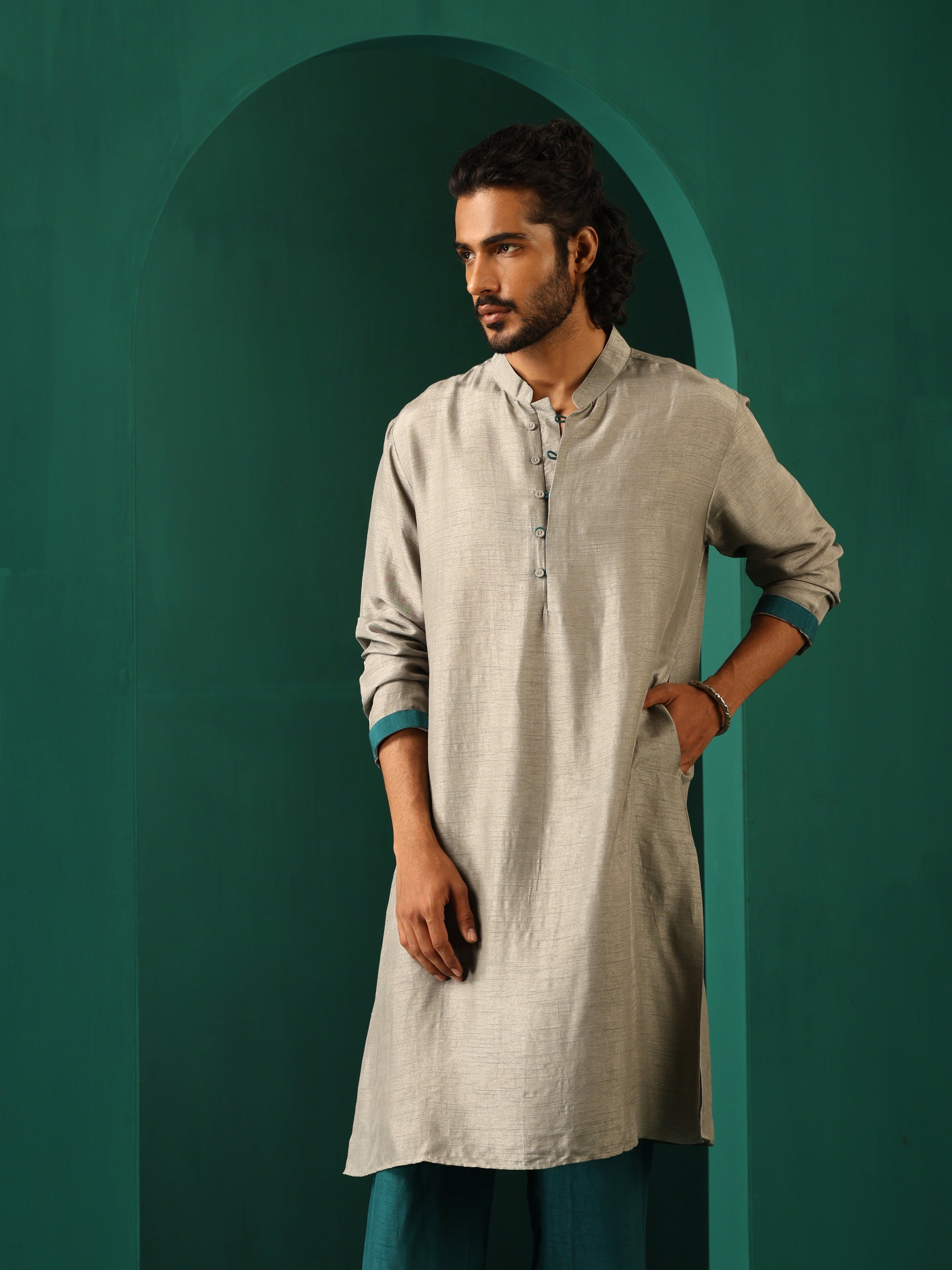 trueBrowns Men's Grey Silk Long Kurta | Swadesiicart