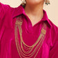 InWeave Women's Fuchsia Velvet Collared Neck Flared Midi Dress - Swadesiicart