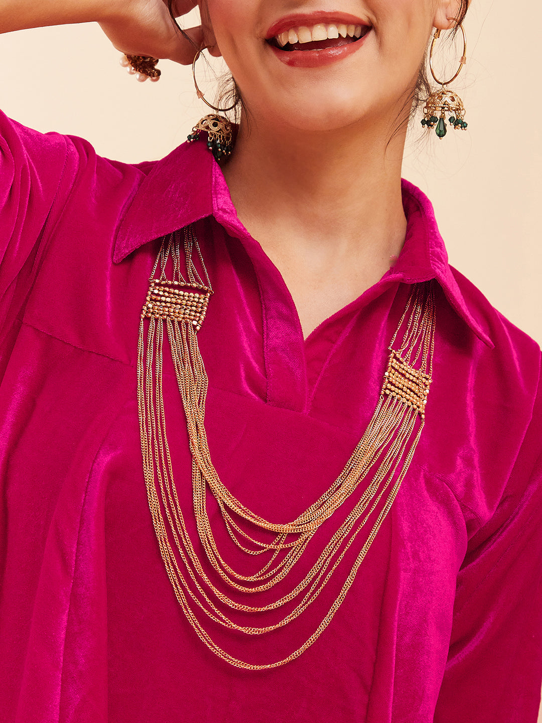 InWeave Women's Fuchsia Velvet Collared Neck Flared Midi Dress - Swadesiicart