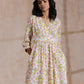 trueBrowns Pink Yellow Floral On White Block Print Cotton Wrap Dress | Relove | Swadesiicart