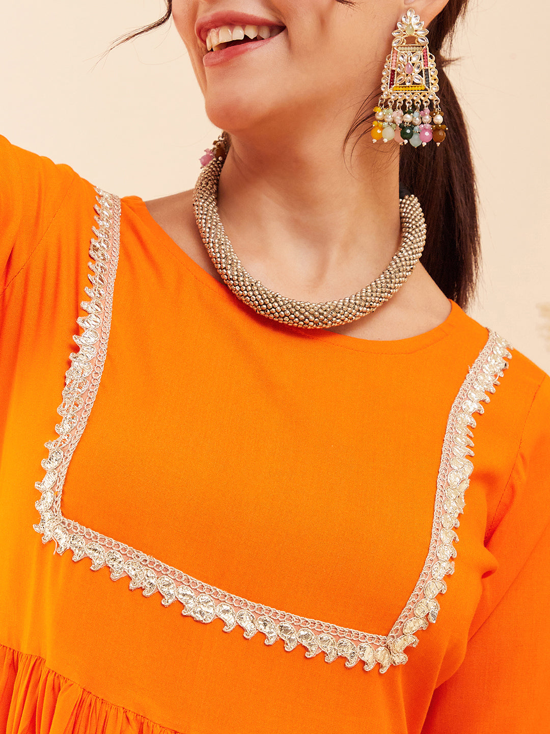 InWeave Women's Orange Round Neck Square Gota Work Kurta Pant Set - Swadesiicart