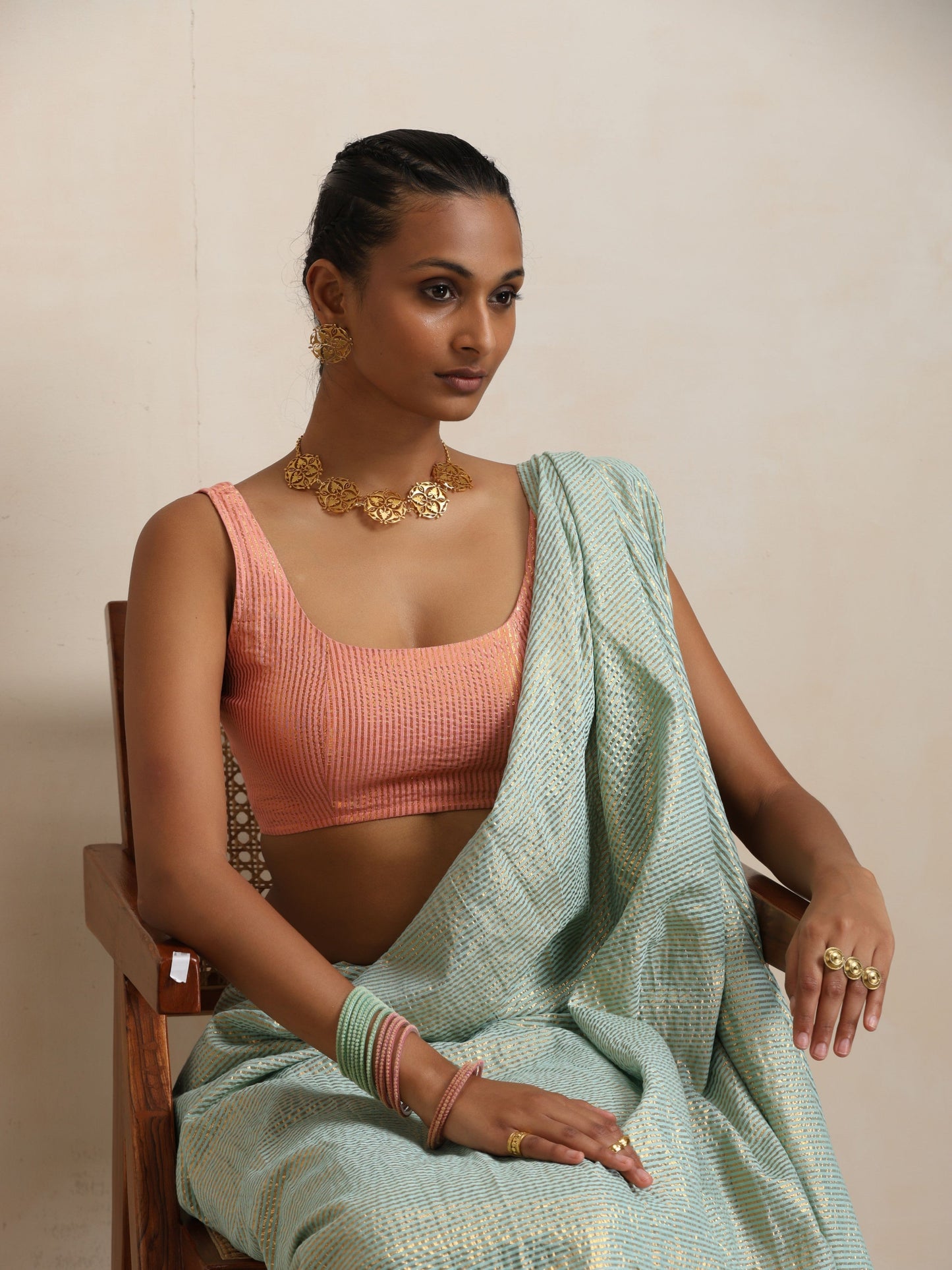 trueBrowns Blue Gold Lurex Ready To Wear Saree | Swadesiicart
