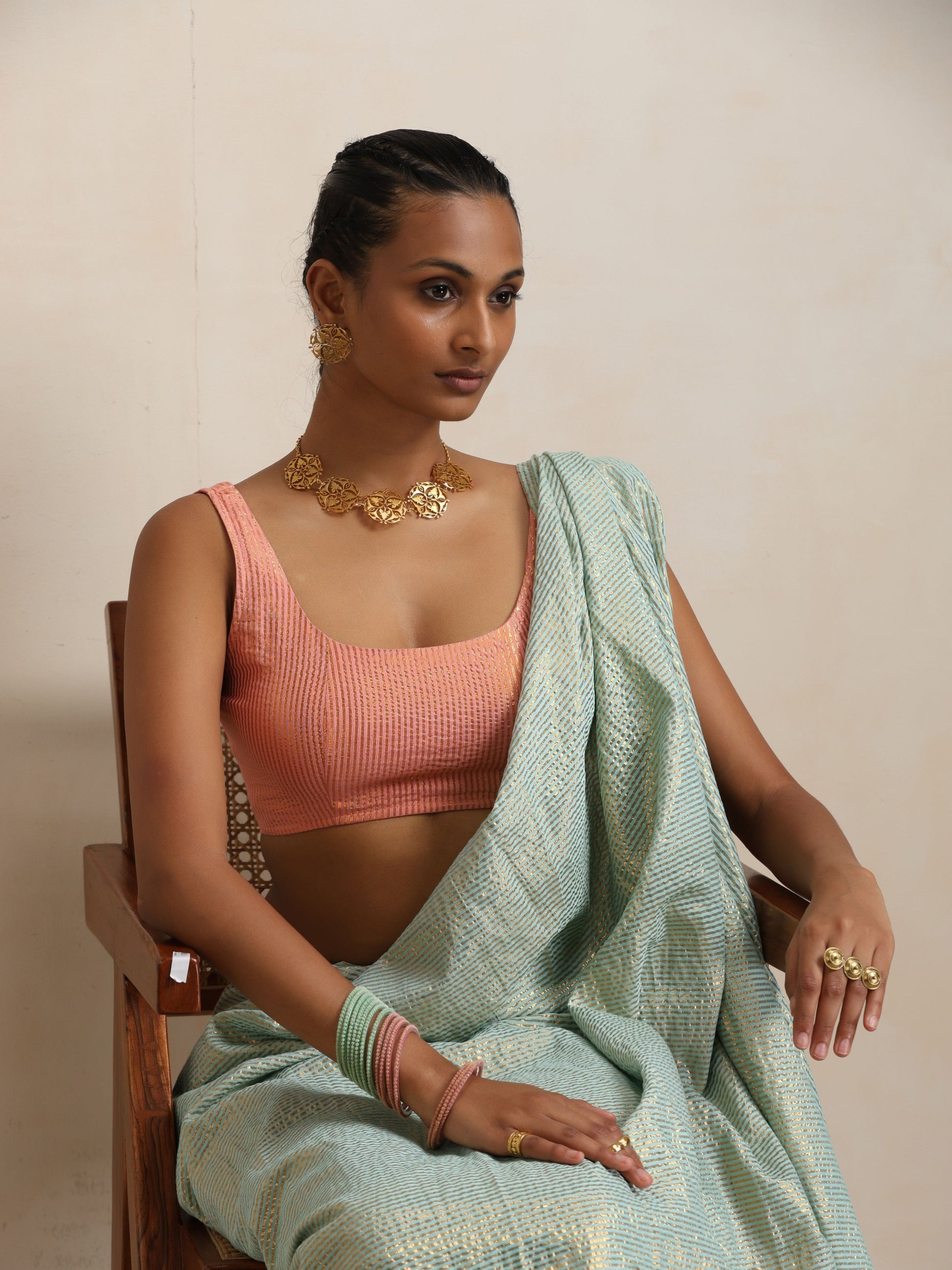 trueBrowns Blue Gold Lurex Ready To Wear Saree | Swadesiicart